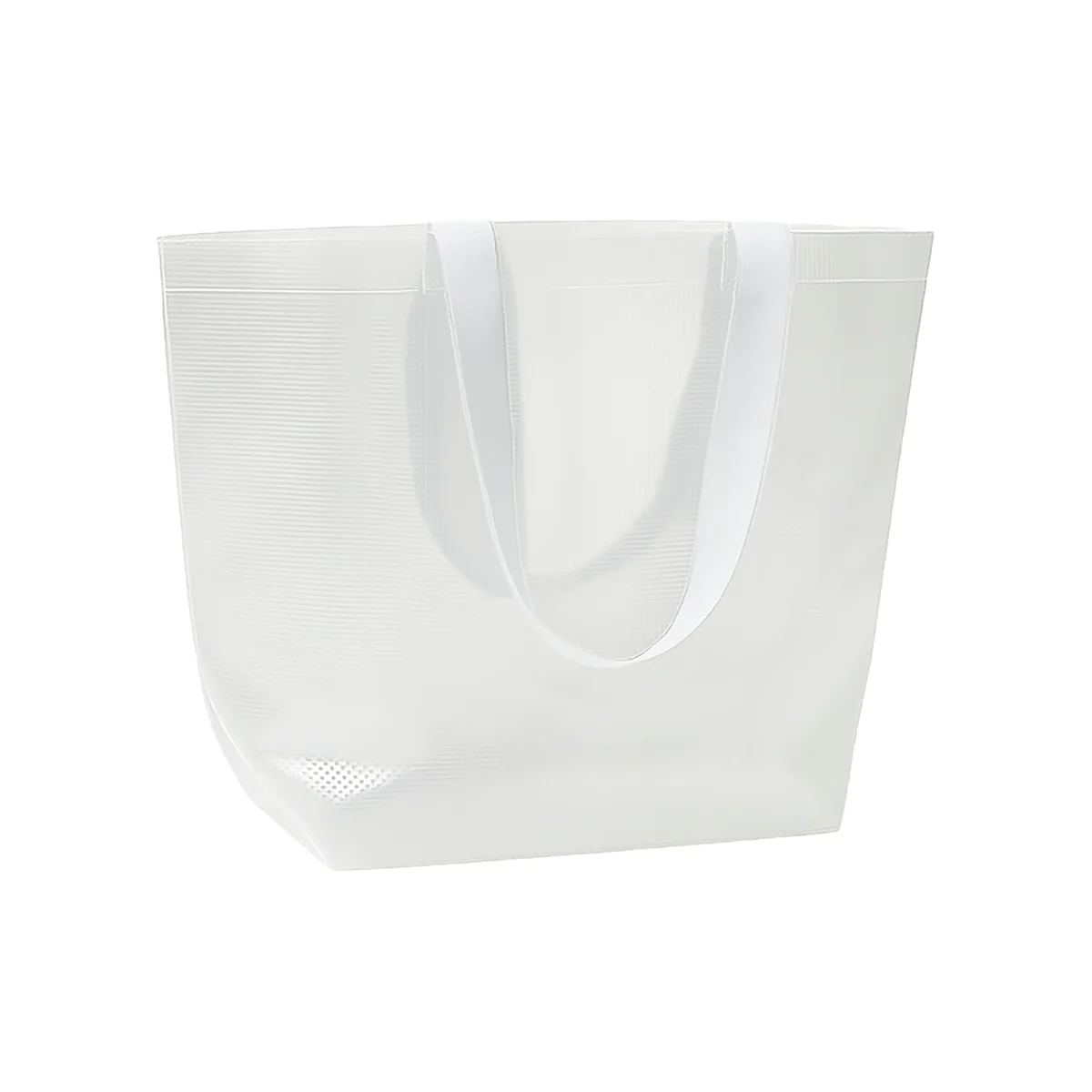 Transparent laminated PP shopper bag 110 g/m2. Long colored polyester handles and gusset